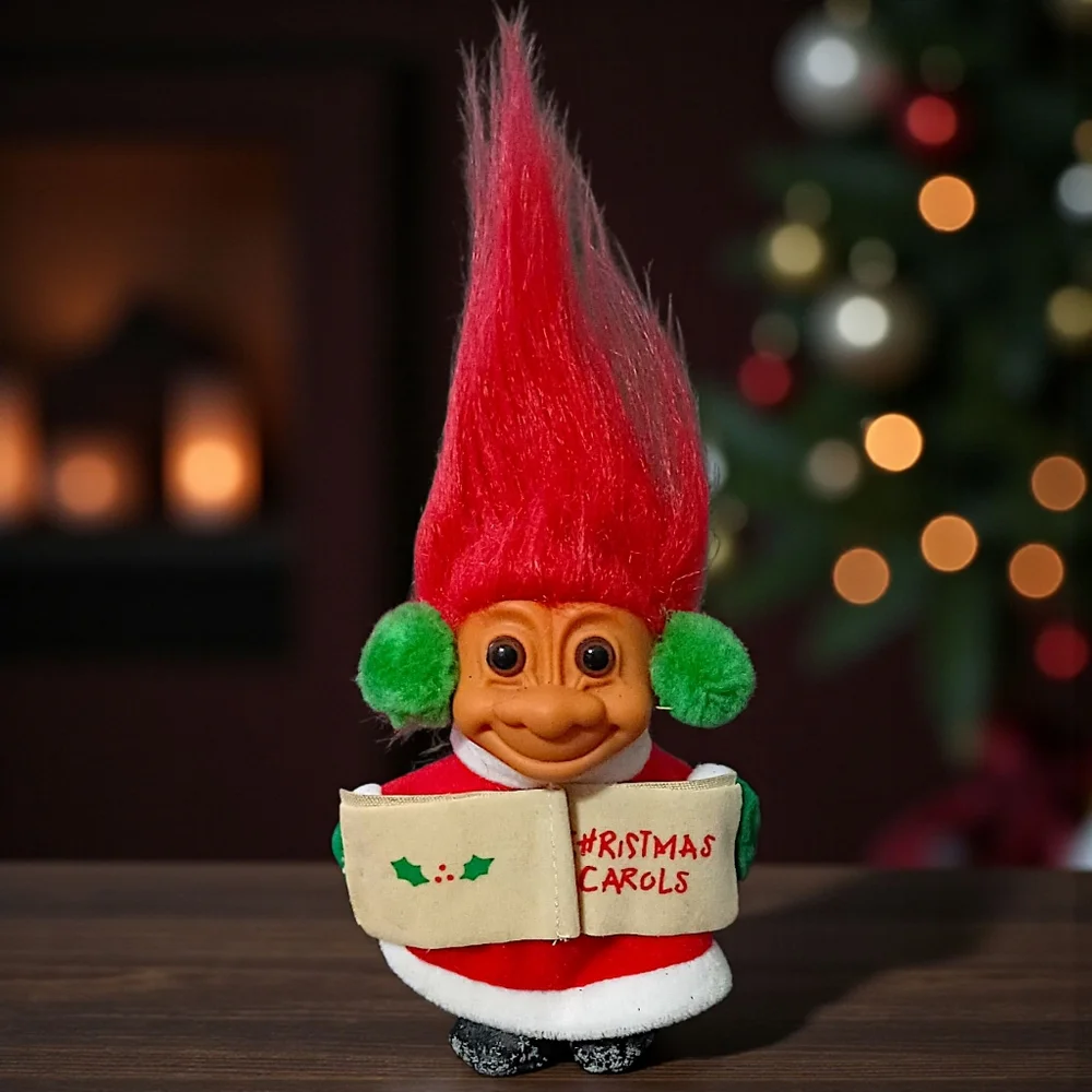 Vintage Russ Christmas Caroler‎ Troll Doll Red Hair 90s Ear Muffs Holiday Xmas
